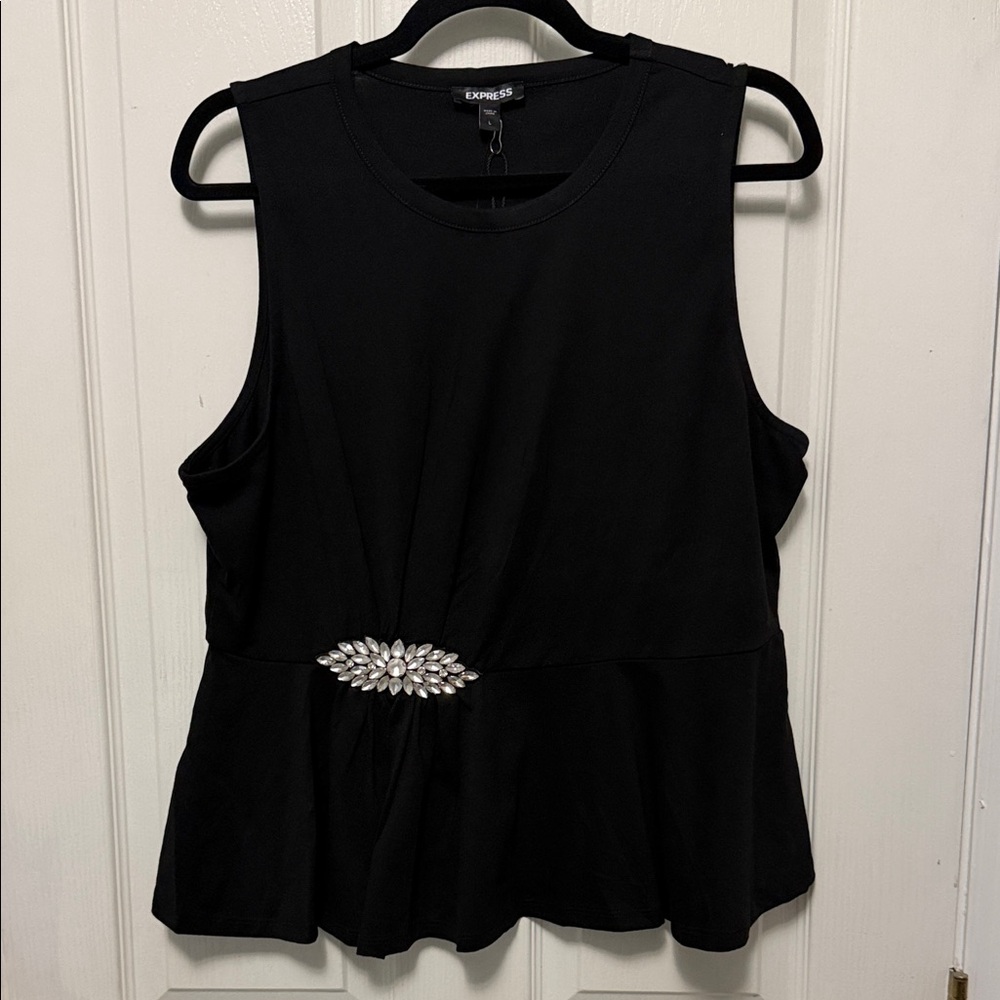 Express Black Sleeveless Peplum Tank with Center Jewel Accent